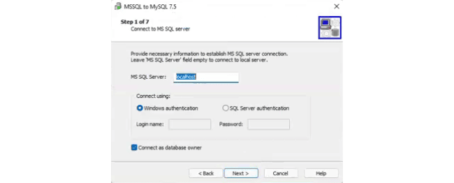 MSSQL-to-MySQL will then ask for information to connect to your MS SQL server