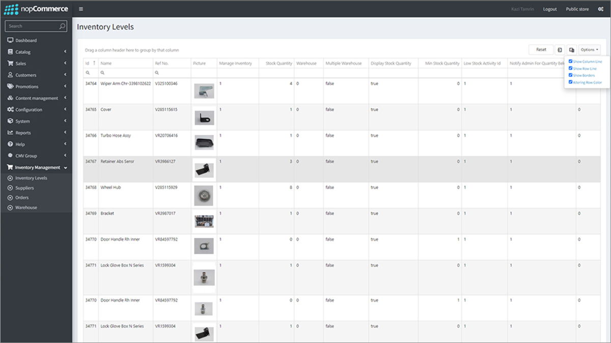 Admin view of the Inventory Management plugin