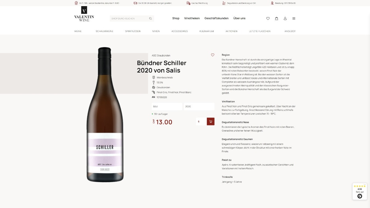 eCommerce platform for the wine merchants von Salis and Valentin Wine