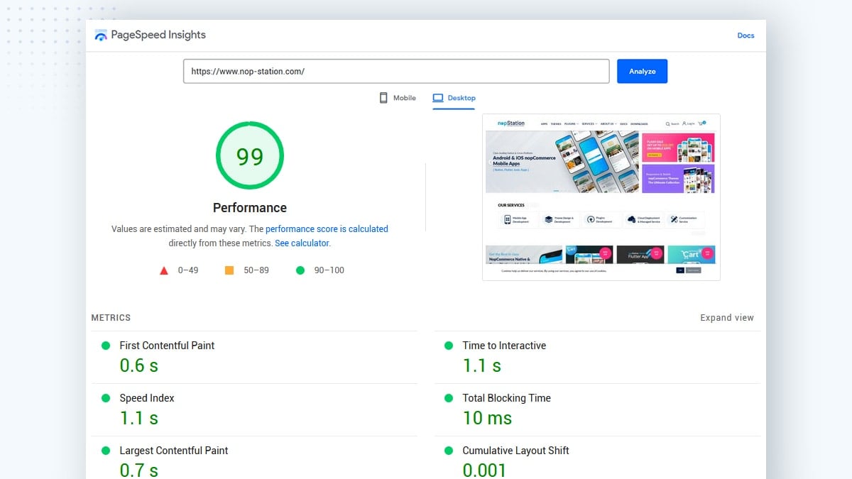 nopStation’s 100% Performance in Google Page Speed Insight